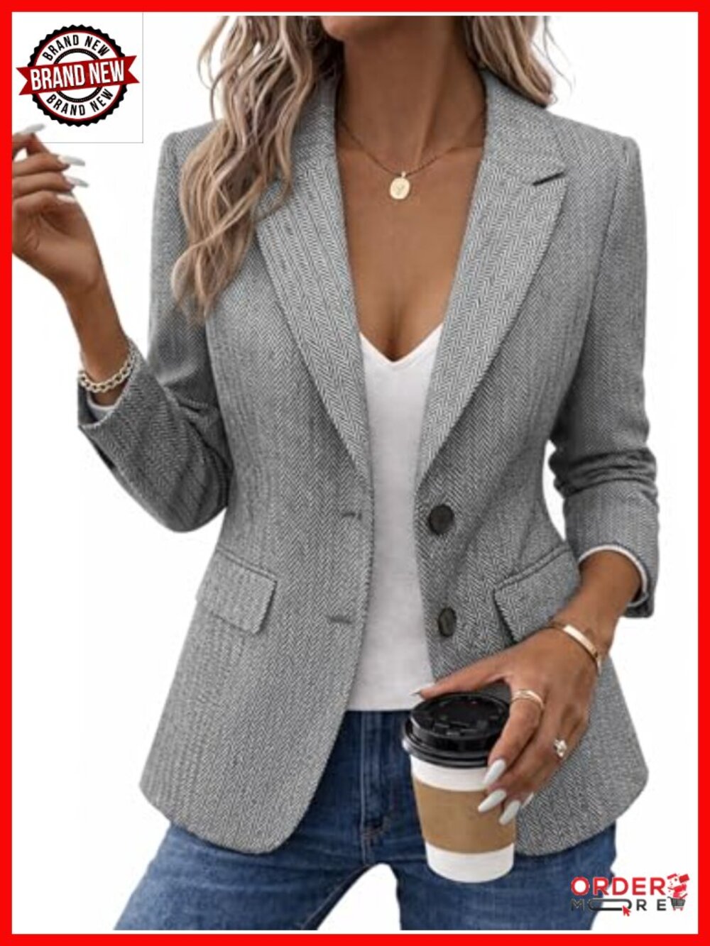 Herringbone Tweed Blazer - Notched Lapel Fully Lined Work Office Blazer Jacket - Picture 1 of 5